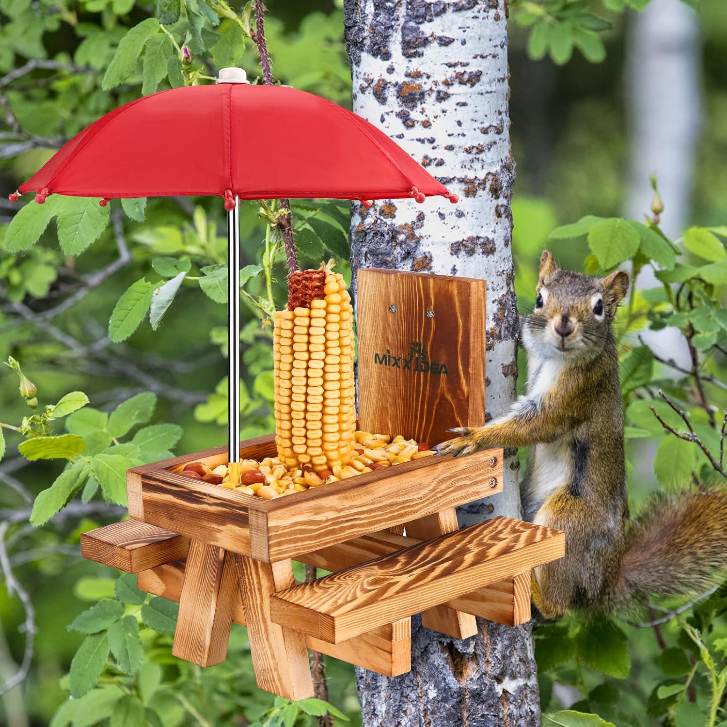 Squirrel Feeder Picnic Table with Tall Umbrella, Wooden Squirrel Feeders for Outside, Cute Chipmunk Feeder with Corn Cob Holder, Solid Structure, Thick Wood (Rustic Brown with Red Umbrella)
