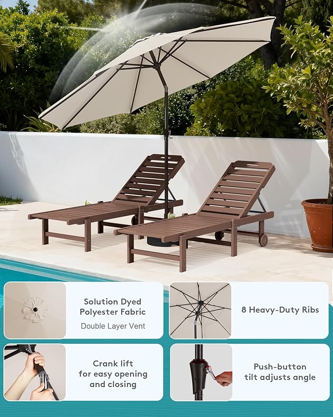SERWALL Outdoor Chaise Lounge Set of 2 with 9FT Umbrella, HDPE Pool Lounge Chair with 5-Position Adjustable Backrest, Patio Lounger with Rolling Wheels & Cup Holder for Pool, Brown
