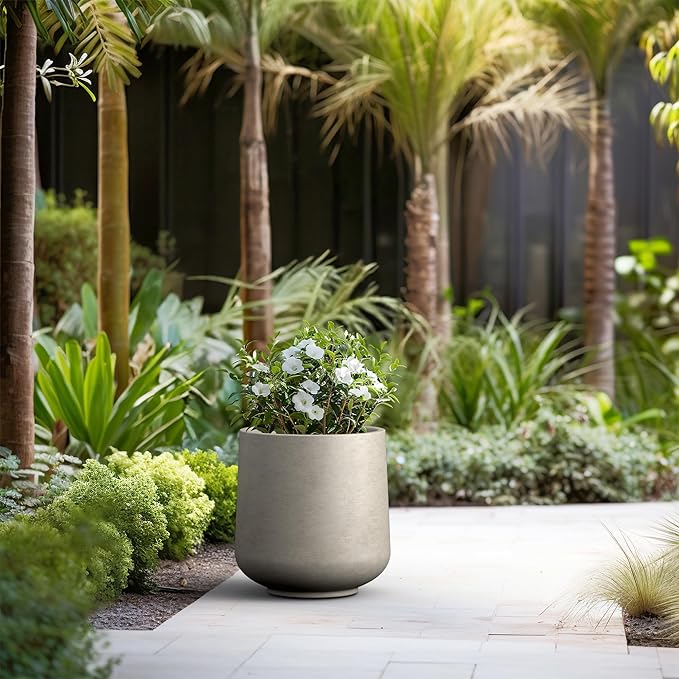 Kante 15.3" Dia Round Concrete Planter, Outdoor Indoor Large Plant Pots Containers with Drainage Hole and Rubber Plug for Home Garden Patio, Weathered Concrete