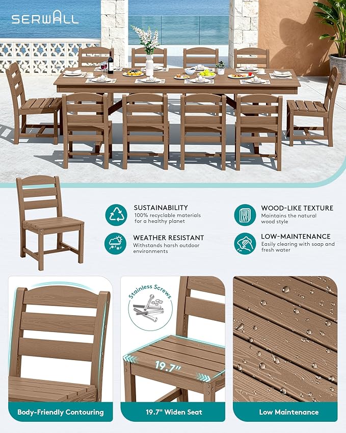 SERWALL Outdoor Dining Chairs Set of 4, All-Weather HDPE Patio Chair with 19.7" Widened Seat, for Backyard, Garden, Brown