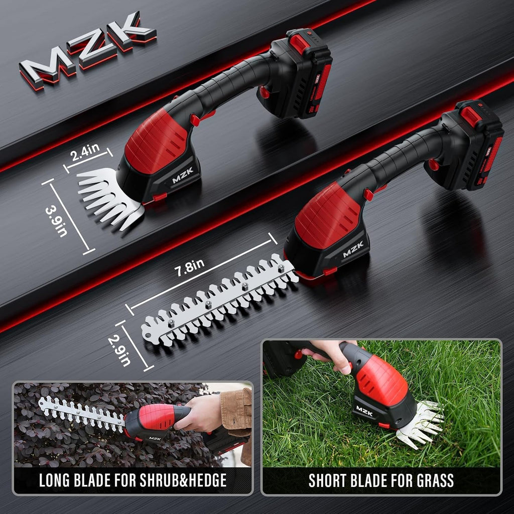 MZK 20V 2-in-1 Pole Hedge Trimmer & Grass Shear, 13-Foot Reach | Multi-angle cordless trimmer with extension pole for hedges, grass shearing, shrubs, and yard care.