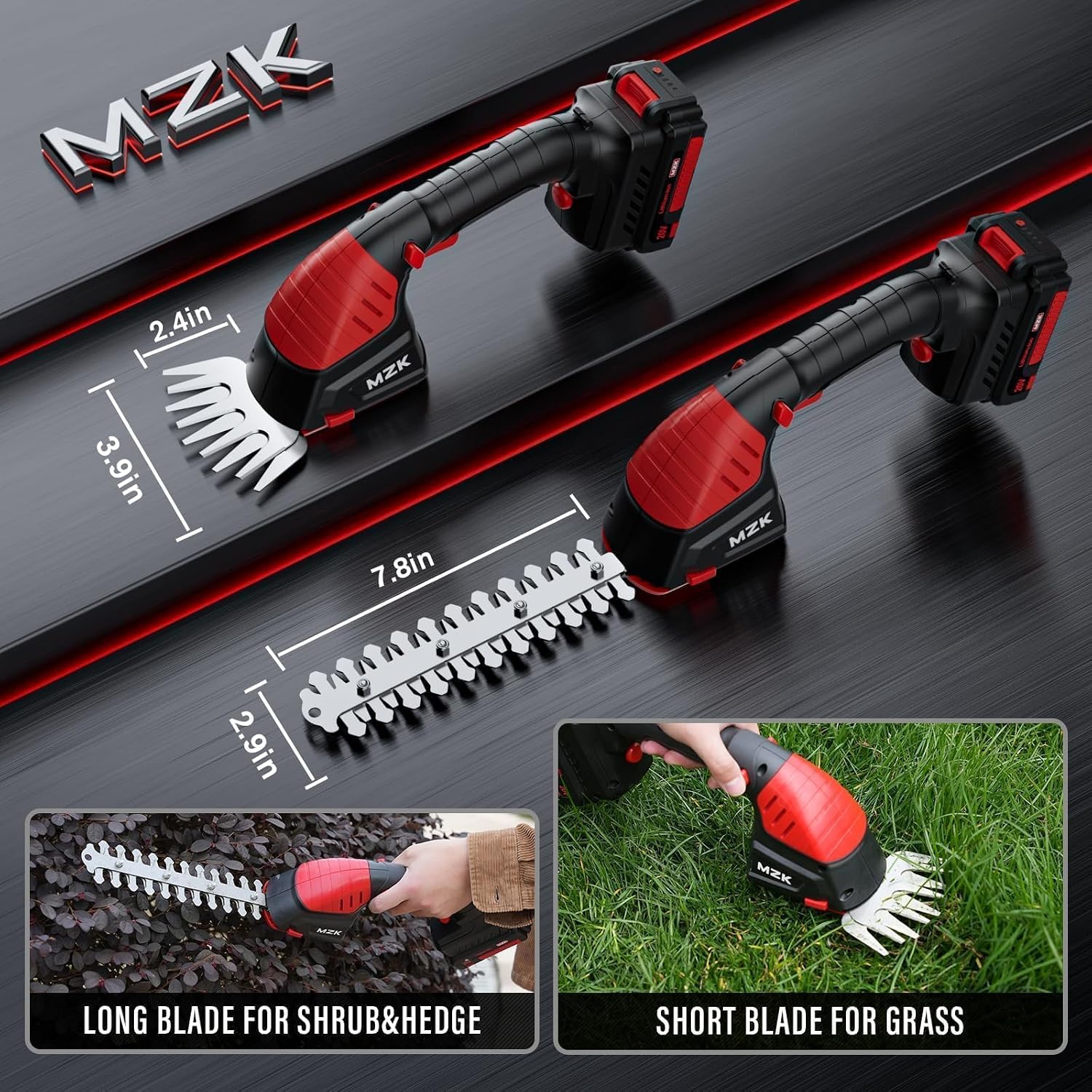 MZK 20V 2-in-1 Pole Hedge Trimmer & Grass Shear, 13-Foot Reach | Multi-angle cordless trimmer with extension pole for hedges, grass shearing, shrubs, and yard care.