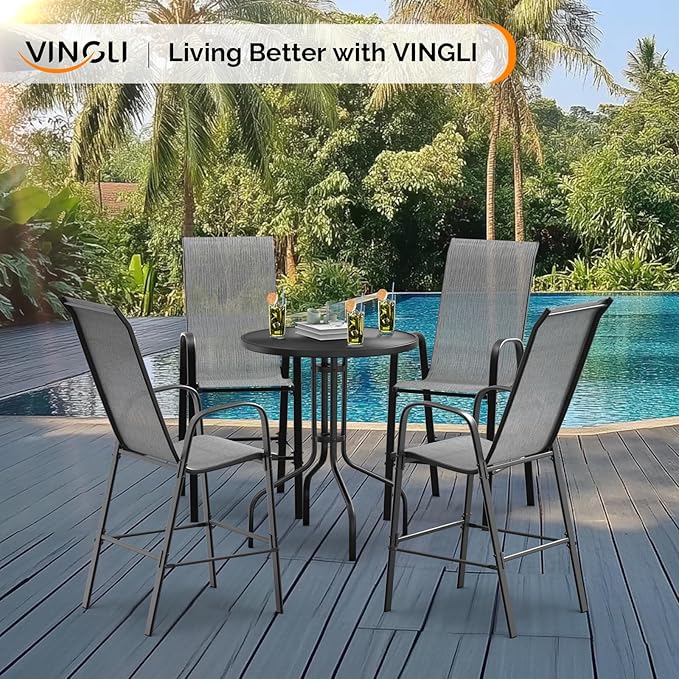 VINGLI Set of 4 Stackable Outdoor Bar Stools – Sling Chairs with High Back & Armrests, for Lawn, Garden, Bar, Grey