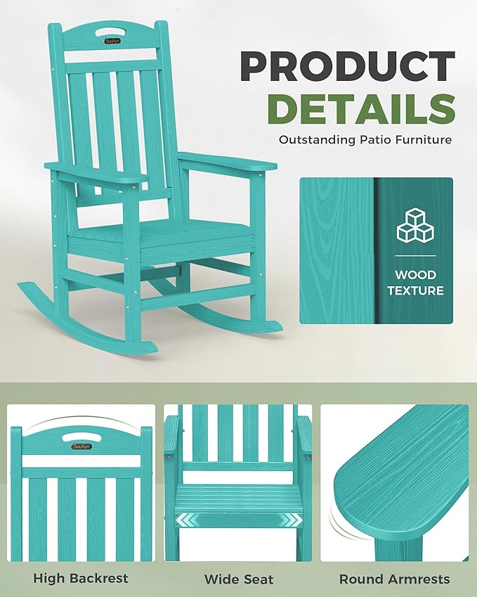 Oversized Rocking Chairs Outdoor Set of 4, High Back Porch Rocking Chair, HDPE All Weather Resistant Patio Chairs, 380lbs Weight Capacity, Lake Blue