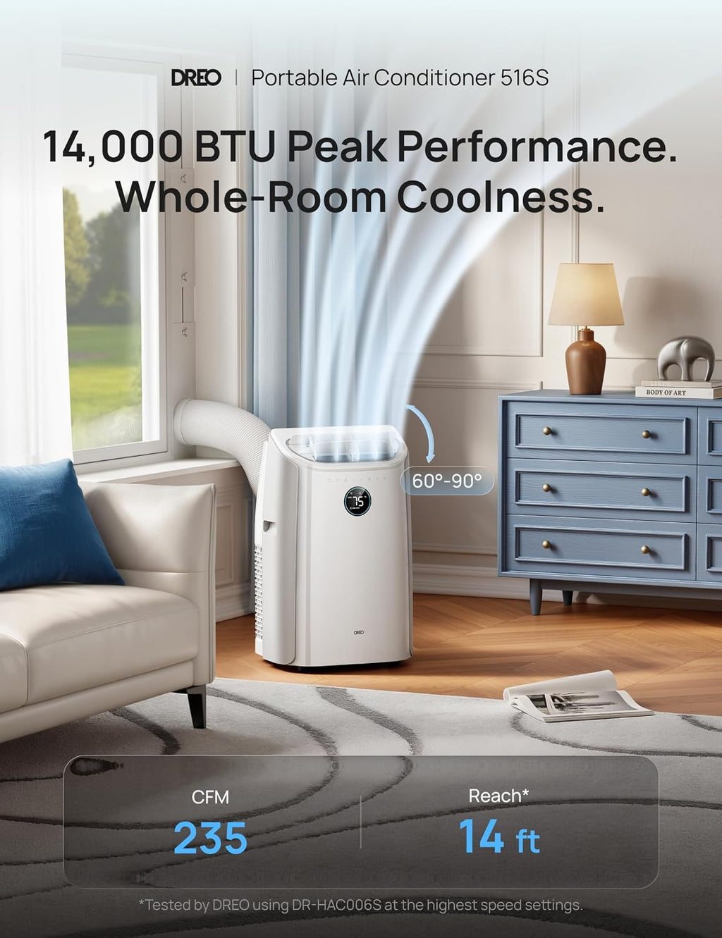 dreo portable air conditioner 516s, 14000 btu ashrae shown in use