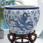 Red Lantern 14" Dragon Blue & White Porcelain Fishbowl Planter or Cachepot for Indoor/Outdoor Use in Garden Entryway Living Room Boho Eclectic Modern Contemporary Classic Traditional Style Decor