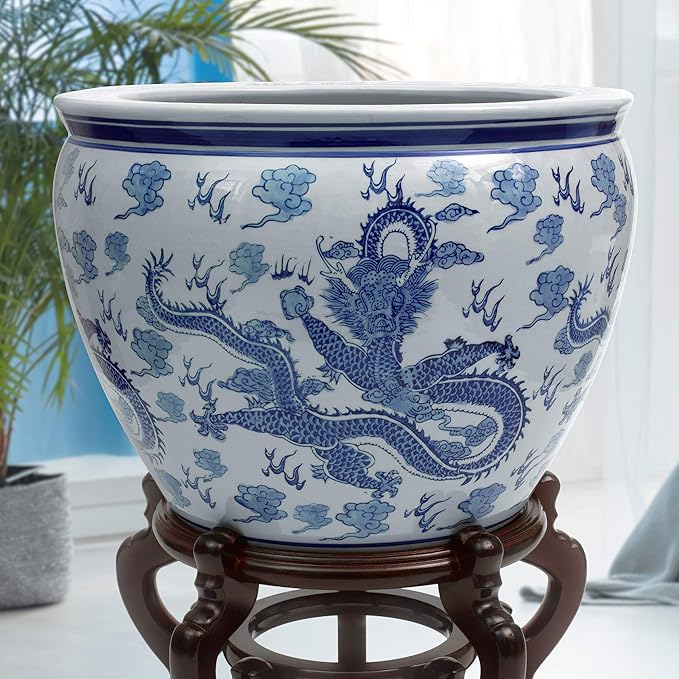 Red Lantern 14" Dragon Blue & White Porcelain Fishbowl Planter or Cachepot for Indoor/Outdoor Use in Garden Entryway Living Room Boho Eclectic Modern Contemporary Classic Traditional Style Decor