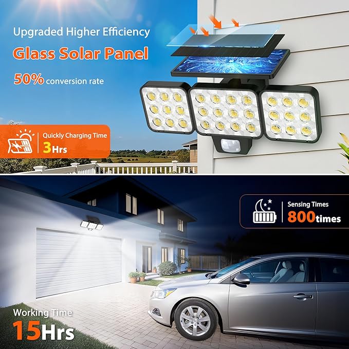 WdtPro Solar Lights Outdoor Flood Light, 3500LM Bright Motion Sensor Outdoor Lights, 3 Heads & Upgrade Glass Panel, LED Solar Powered Security Light Spotlights Waterproof for Outside Yard-2Pack