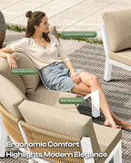 Outdoor Patio Furniture Set, 7 Piece Aluminum Curved Outdoor Sectional Sofas with Modular Coffee Table, PE Rattan Patio Conversation Sets, All-Weather Patio Couch Sets with Cushions, White