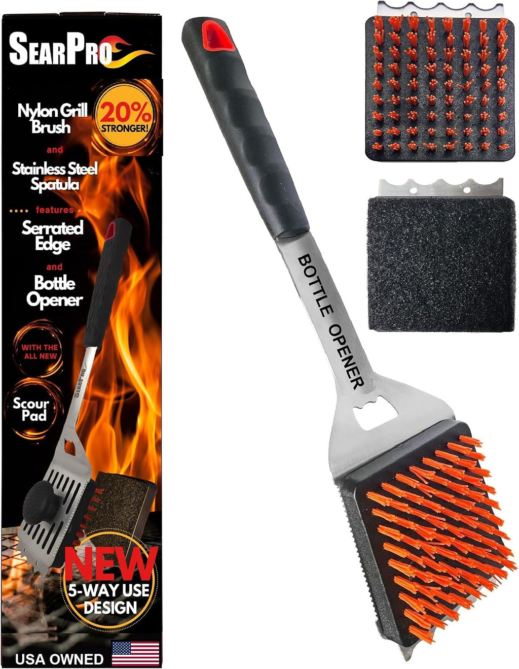 5-in-1 Grill Brush Combo by SearPro BBQ Cleaner Scraper Barbecue Tool Accessories Kit Heat Resistant Nylon Bristle Spatula Outdoor Smoker Black Stone Grate Cast Iron Spatula Non-Wire Brush (5 in 1)