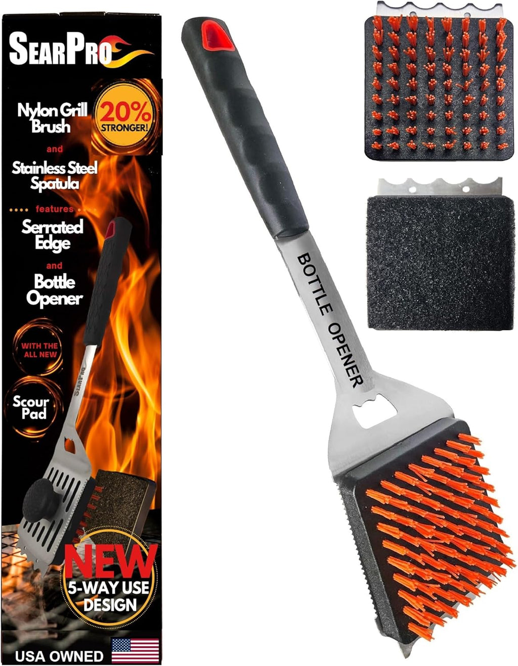 5-in-1 Grill Brush Combo by SearPro BBQ Cleaner Scraper Barbecue Tool Accessories Kit Heat Resistant Nylon Bristle Spatula Outdoor Smoker Black Stone Grate Cast Iron Spatula Non-Wire Brush (5 in 1)