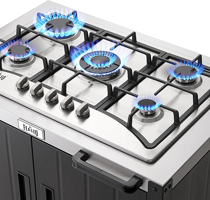 Gas Grill, Movable Outdoor Gas Stove Stainless Steel Top with Cabinet, 5 Burners with 36,200 BTUs, Outdoor Propane Grill for Outdoor Cooking, Ideal for Lawn & Garden, L35.4 x W24