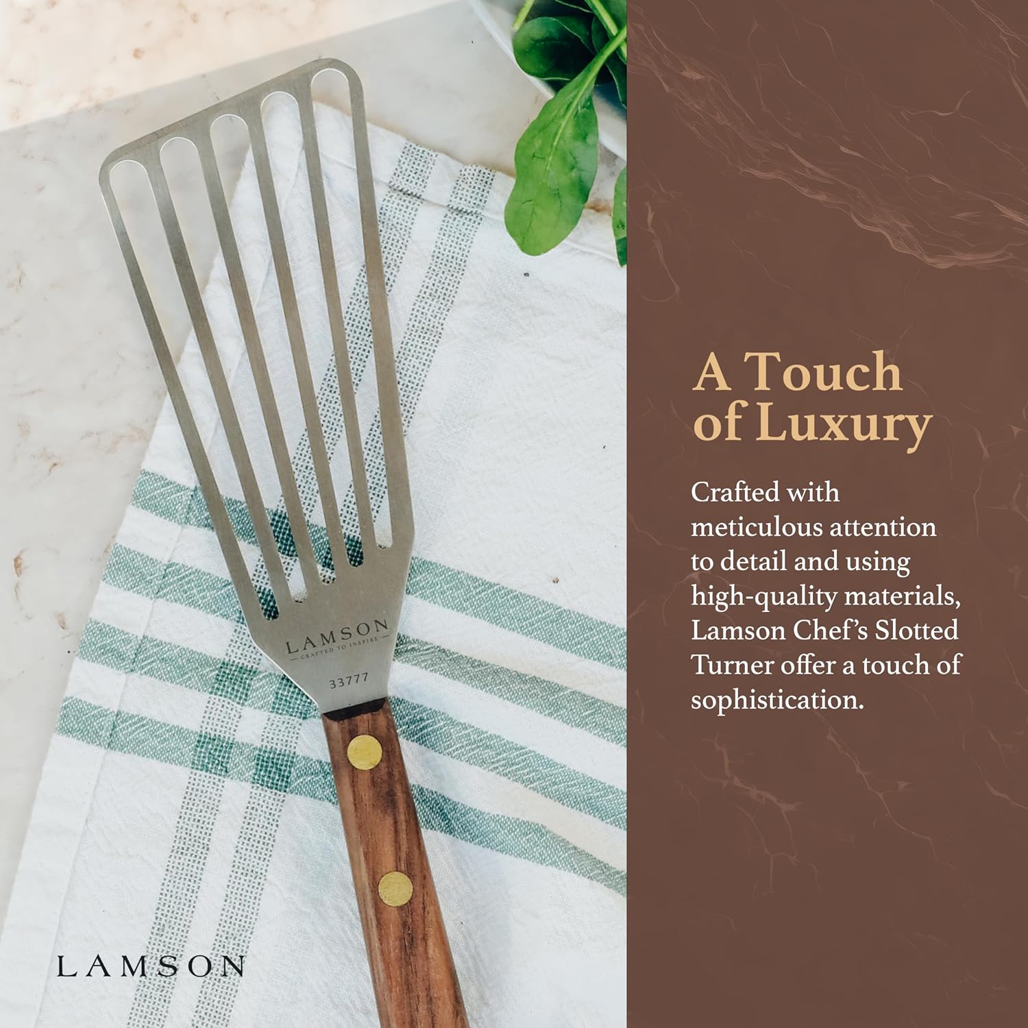 Lamson Slotted Fish Spatula – Flexible Stainless Steel Turner with Walnut Handle | Right-Hand Chef's Frying and Grilling Turner, 3" x 6", Made in USA