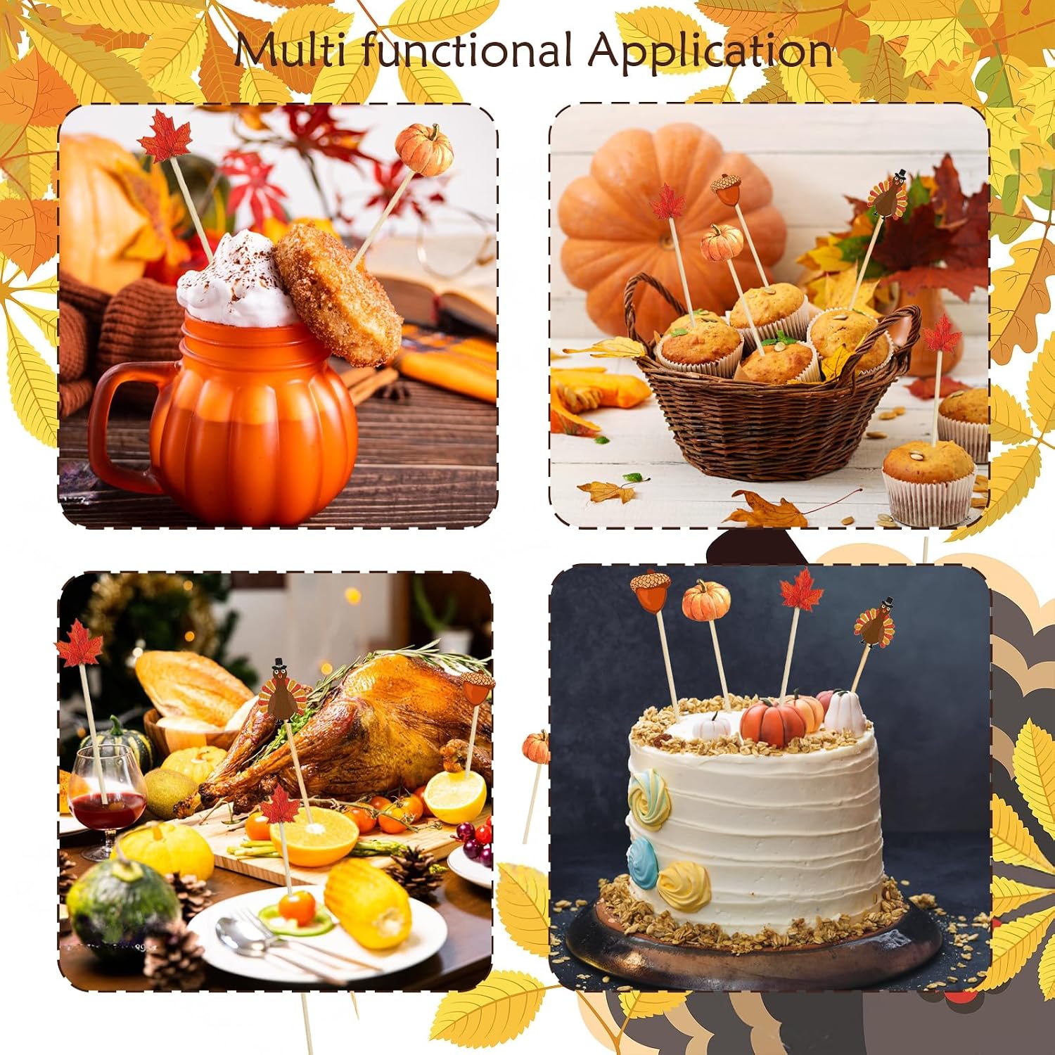 100pcs Fall Thanksgiving Cocktail Picks Pumpkins Maple Leaves Decorative Toothpicks for Appetizers Autumn 4.7 IN Bamboo Skewers Sticks for Fall Decorations Party Supplies(Turkey)