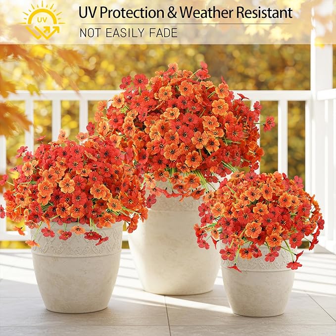 MACTING 24 Bundles Artificial Fall Flowers for Outdoors Faux Mums Outdoor Plants UV Resistant Fake Silk Flowers for Planters Patio Garden Porch Indoor Outside Autumn Thanksgiving Decor,Orange & Red