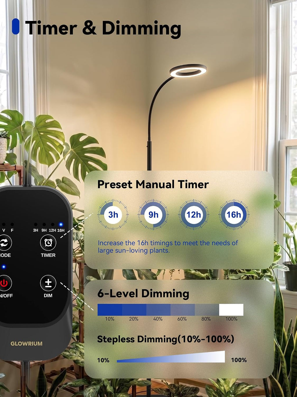 Grow Lights for Indoor Plants,Full Spectrum Plant Light with Stand | 20W Floor Grow Light with Adjustable Height, 3/9/12 Timer, Dimming & 3 Growth Modes for Houseplants, Herbs and Indoor Gardens