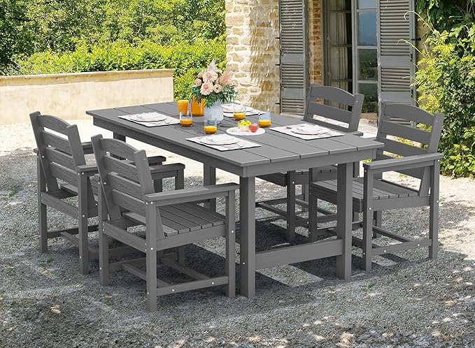 SERWALL 67" Outdoor Dining Table - HDPE All-Weather Rectangular Patio Table with Umbrella Hole, Gray