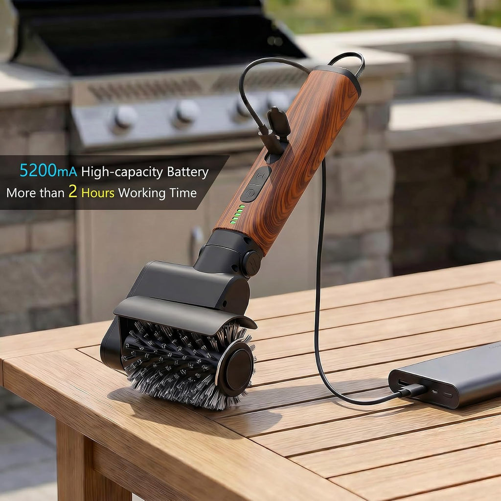 Electric Grill Brush 3-in-1 Kit – Cordless BBQ Cleaner with Reinforced Safe Metal Bristles – 2 Hours Runtime, Waterproof & Dishwasher Safe Removable Brushes for Deep Cleaning (Red Wood Coating)