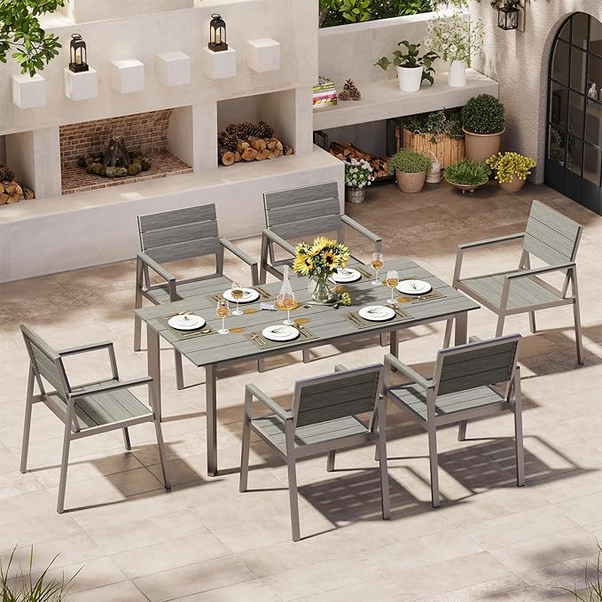 Aluminum Outdoor Dining Set for 6, Patio Table and Chairs Set with Umbrella Hole, 7 Pieces HDPS Outdoor Furniture Sets for Patio, Garden (Gray & Teak)