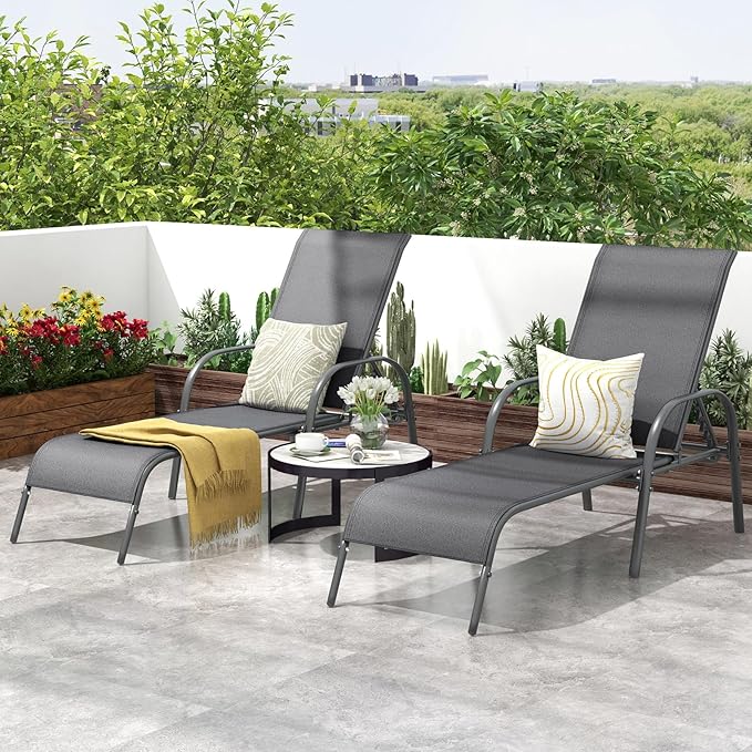 Giantex 2 Pack Patio Lounge Chair, Outdoor Chaise Lounge with 5 Adjustable Backrest, Sturdy Steel Frame, Sunbathing Recliner, Tanning Chair for Beach, Outside, Yard, Balcony, Pool Chairs (2,Dark Gray)