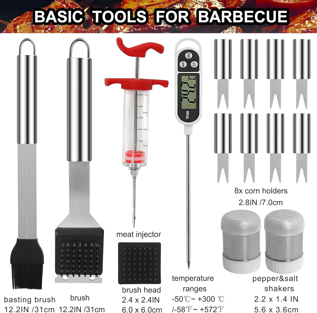 grilljoy 24PCS BBQ Grill Tools Set with Meat Thermometer and Injector - Extra Thick Stainless Steel Fork, Spatula& Tongs - Complete BBQ Accessories in - Perfect Grill Gifts for Father's Day