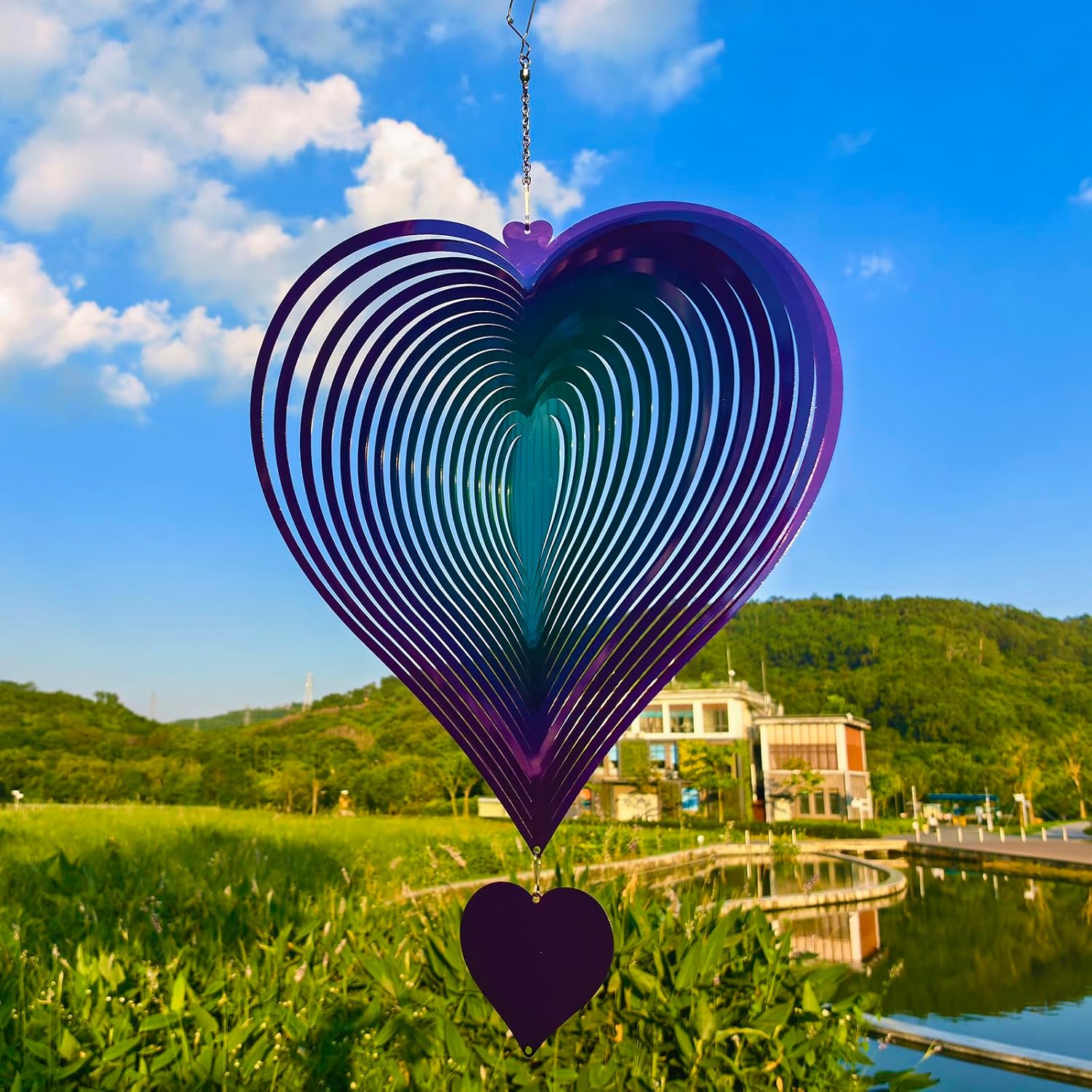 DJUAN 15in Large Heart Wind Spinner Garden Decor,Gifts for Women,Mom and Grandma,Mother's Day,Birthdays, Purple-Green Stainless Steel Hanging Yard Art Outdoor & Indoor Decorations