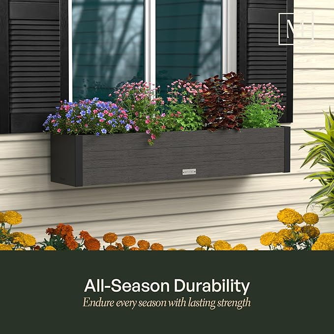 Mayne Horizon 4FT Window Box Planter – Modern Rectangular Faux Wood Grain Design for Windows, Durable All-Season Outdoor Flower Box with Drainage, Easy Installation