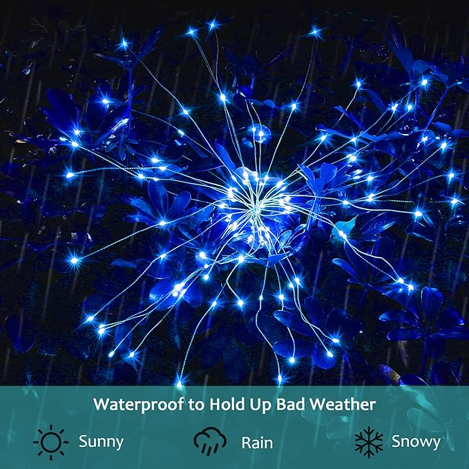 JJGoo Solar Firework Lights, 2 Pack 120 LEDs 2 Lighting Modes Solar Garden Lights Outdoor Waterproof for Yard Patio Walkway Pathway Party Wedding Christmas Decorative - Blue