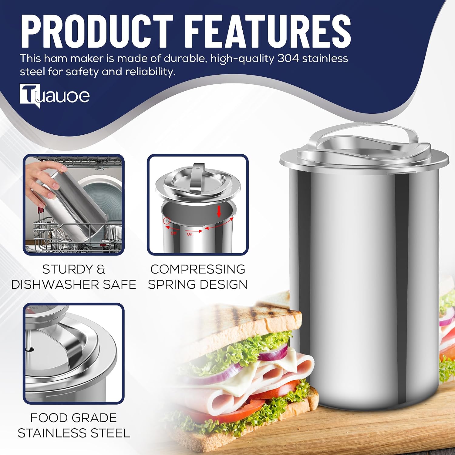 Deli Meat Press Stainless Steel, Lunch Meat Maker with Thermometer, Silicone Mittens and 5 Cooking Bags, Ham Press Mold for Making Homemade Healthy Deli Poultry Patty, Funny Kitchen Gift