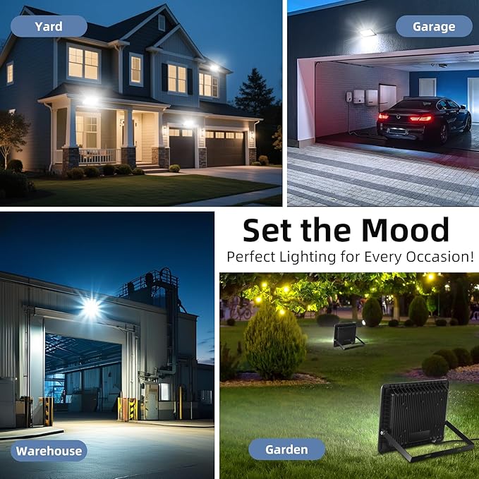 100W Flood Lights Outdoor,12000LM Bright LED Work Light,IP66 Waterproof Outdoor with Switch and 6.5FT Plug,6500K Daylight White Outside Lights for Yard，Garage,Garden,Stadium(2 Pack)