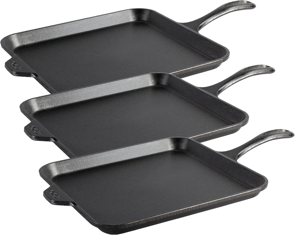 Lodge Seasoned Cast Iron Square Griddle - 11 Inches - Durable Pan - Cast Iron Cookware for Pancakes, Eggs, Bacon & Grilling Favorites (Pack of 3)