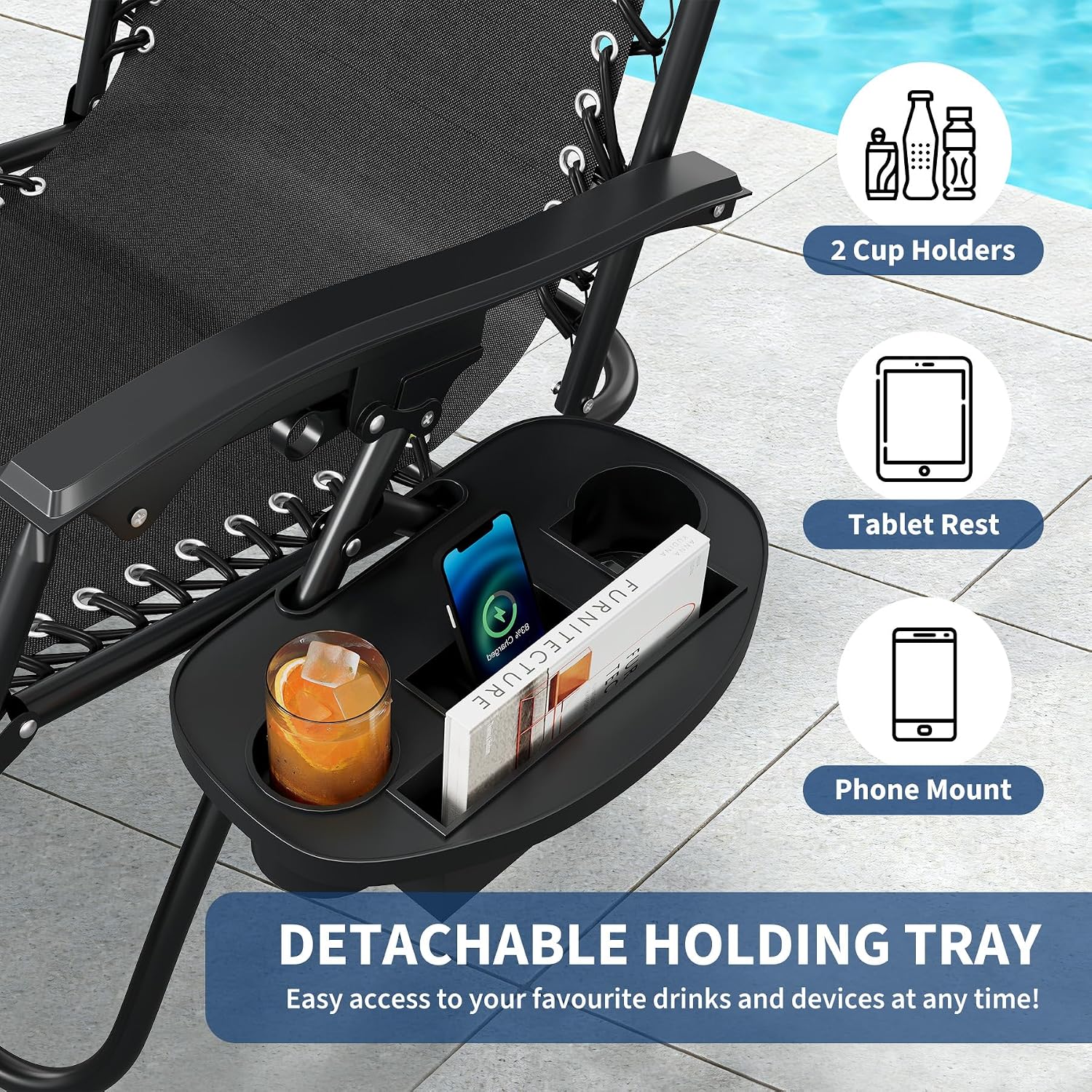 Garvee Zero Gravity Chair Set of 2, Adjustable Patio Lounge Chair | W/ Pillow, Cup Holder Tray & Upgraded Lock, Folding Portable Camping Chair for Deck, Beach, Yard, Garden;No Assembly