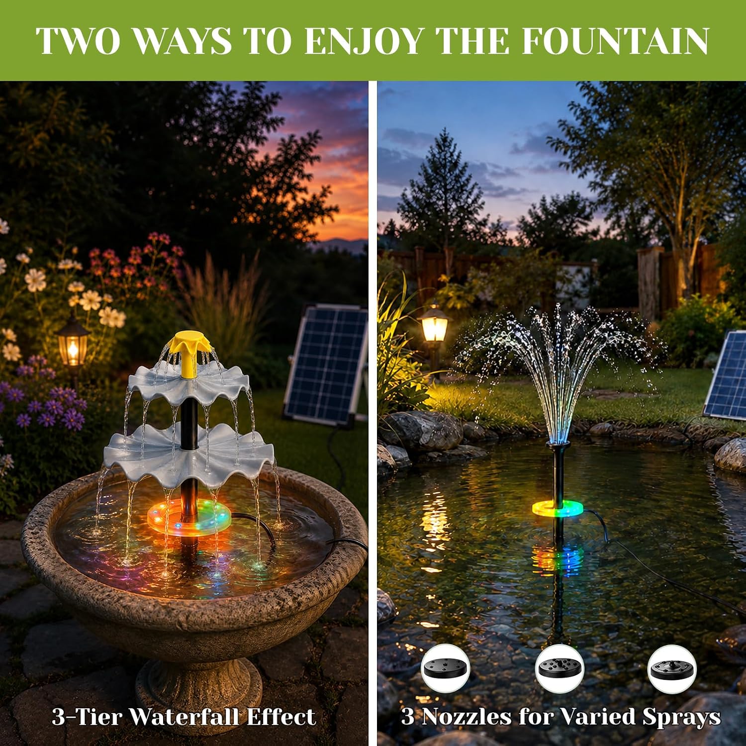 9V 6W Solar Fountain Pump, 3-Tier Waterfall & 3 Spray Nozzles, Solar Powered Water Fountain Solar Bird Bath Fountain for Small Pond, Patio, Garden