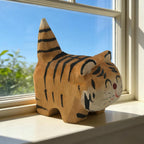 EMiEN Cute Small Wood Tiger Figurine Carved Orange Tiger,Handmade Sculpture Craft Set, for Home Office Decoration, Car Ornaments