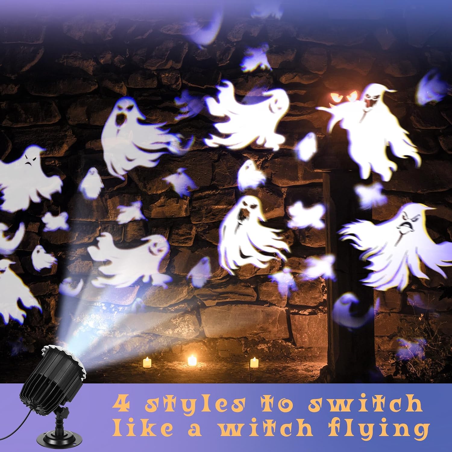 Halloween Projector Light with 1 Film Slides Holiday LED Projector Lights Outdoor Reflectors Waterproof Landscape Decorative Rotation Lighting Movement Projection Lamp(Ghost)