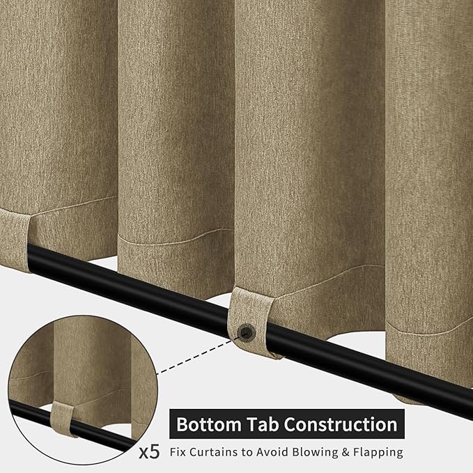 Easy-Going Linen Look Outdoor Curtains Waterproof Windproof Porch Curtains, Soft Thicken Outdoor Privacy Curtains for Patio, Gazebo, Grommet Top and Tab Bottom Drape, 1 Panel, 110x108 inch, Khaki