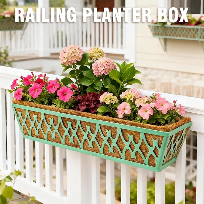 4 Pack 30 Inch Window Boxes Planters Railing Planter Box with Adjustable Brackets for Porch Fence Patio Balcony Hanging Flower Baskets with Coco Liners for Outdoor Garden Decor - Green