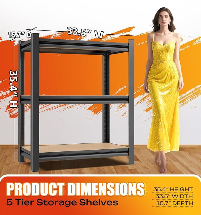 AOAORRG Set of 2 Garage Shelving Heavy Duty Storage Shelves, Metal Adjustable Shelving Unit, Utility Garage Organizer Shelf for Basement, Pantry, Kitchen, Warehouse, 15.7" Dx33.5 Wx35.4 H, Black