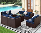 NICESOUL 9 Piece Patio Sectional Sofa Set with Fireplace Natural Gas/Propane, 29.3'' High Back Deep Seats Outdoor Conversation Couch, Extra-Large Wicker Furniture Sets, Brown Rattan and Blue Cushion