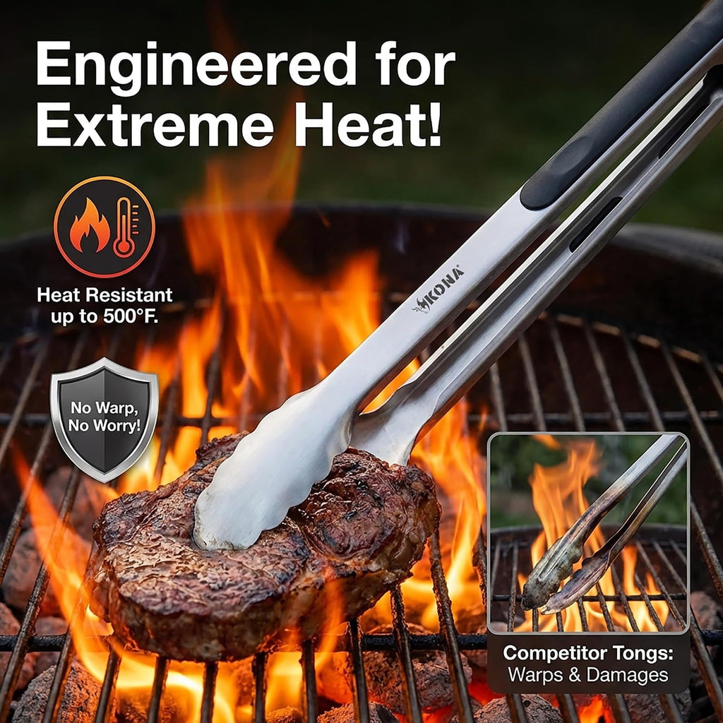 Kona 18-in Stainless Steel Locking Grill Tongs, Heavy-Duty, 1 Pack | Extended 18-in reach, locking design for easy storage, for grill, BBQ, and kitchen