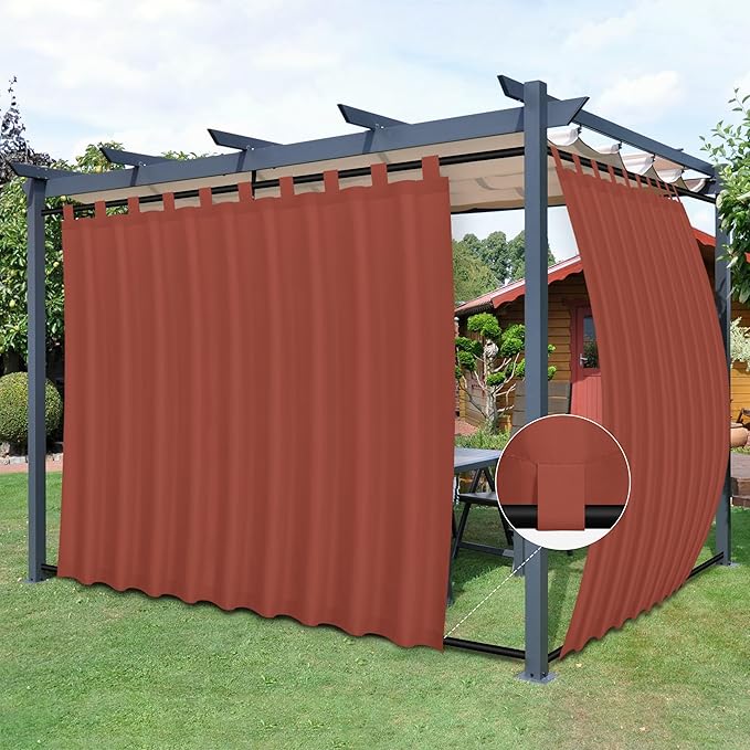 Easy-Going Outdoor Patio Curtains Detachable Tab Top Windproof Weatherproof Curtain for Cabana, Porch, Pergola and Gazebo, Tab Bottom Drape, 2 Panels, 110W x 108L inch, Terra Red