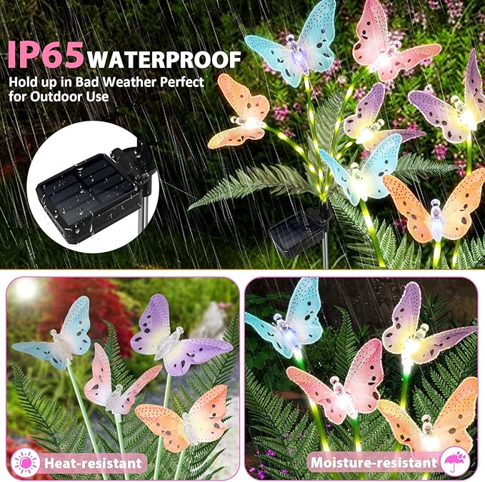 Solar Garden Lights 4 Pack Waterproof Decorative Solar Lights Outdoor with Glowing Stems,7-Color Changing ‎Fiber Optic Butterfly Light for Outside Yard Lawn Garden Decor, Gifts for Women