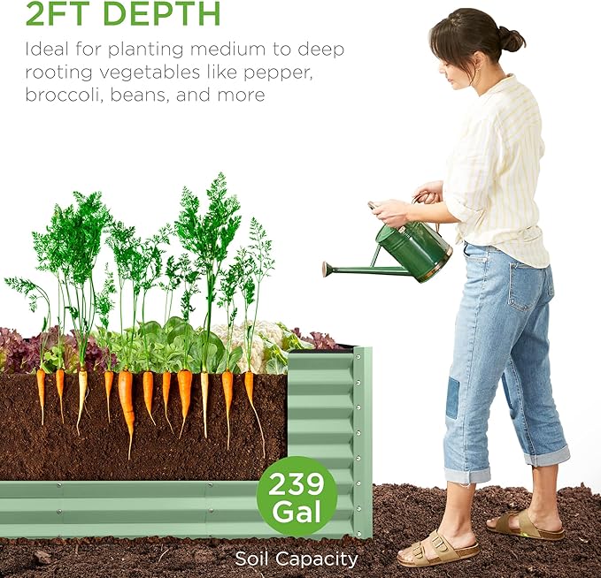 Best Choice Products 8x2x2ft Raised Outdoor Metal Garden Bed, Deep Root Box Planter for Vegetables, Flowers, Herbs, 240 Gallon Capacity, 100% Non Toxic Materials - Sage Green
