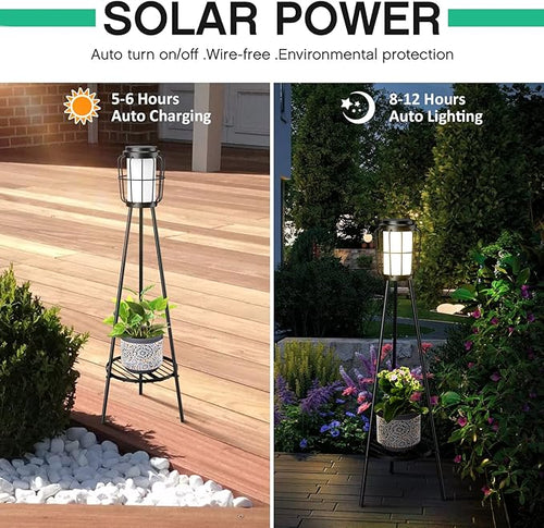 2 Pack Solar Lights with Plant Stand, Outdoor Floor Lamps, Waterproof Solar Powered Floor Lamps for Patio Deck Porch Yard Garden Decor