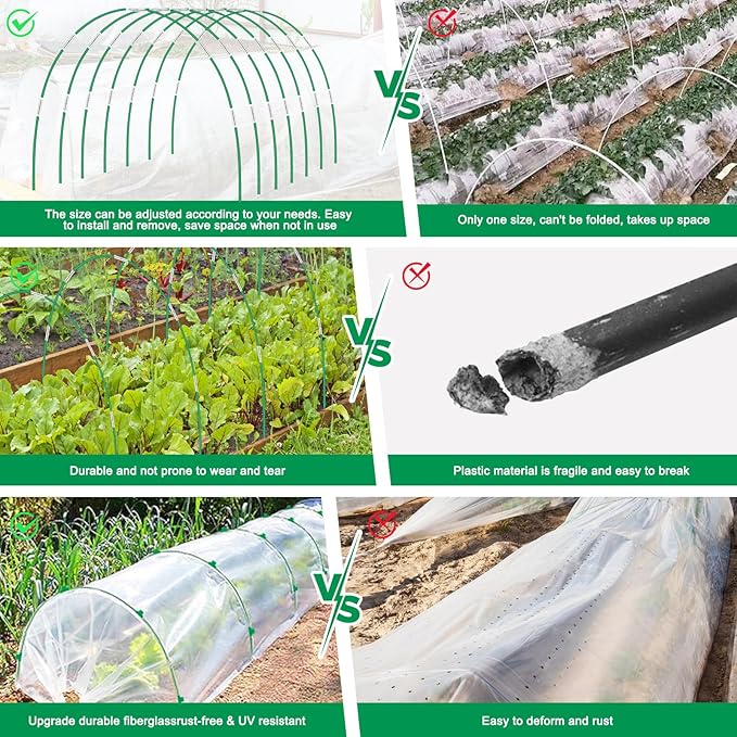 Greenhouse Hoops Grow Tunnel, 10 Sets of 8FT Long Garden Hoops for Raised Beds, Rust-Free Fiberglass Support Hoops Frame for Garden Netting, DIY Plant Support Garden Stakes for Row Cover, 60 Pcs