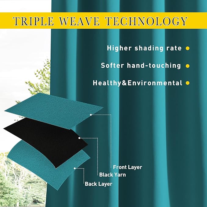 NICETOWN 2 Panels Outdoor Curtains Waterproof Pocket & Back Tab on Top & Bottom, Thermal Insulated Windproof Sun Blocking Outside Privacy Drapes for Patio with Fixed Rope, W52 x L84, Peacock Teal