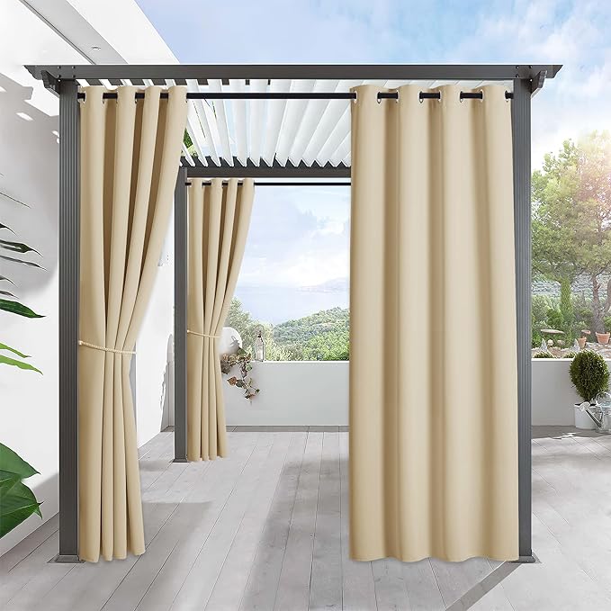 RYB HOME Outdoor Curtains for Patio Waterproof Block Sunlight Thermal Insulated Privacy Assured Thick Outside Curtains for Pergola, Deck, Gazebo, W52" x L90", Biscotti Beige, 1 Panel