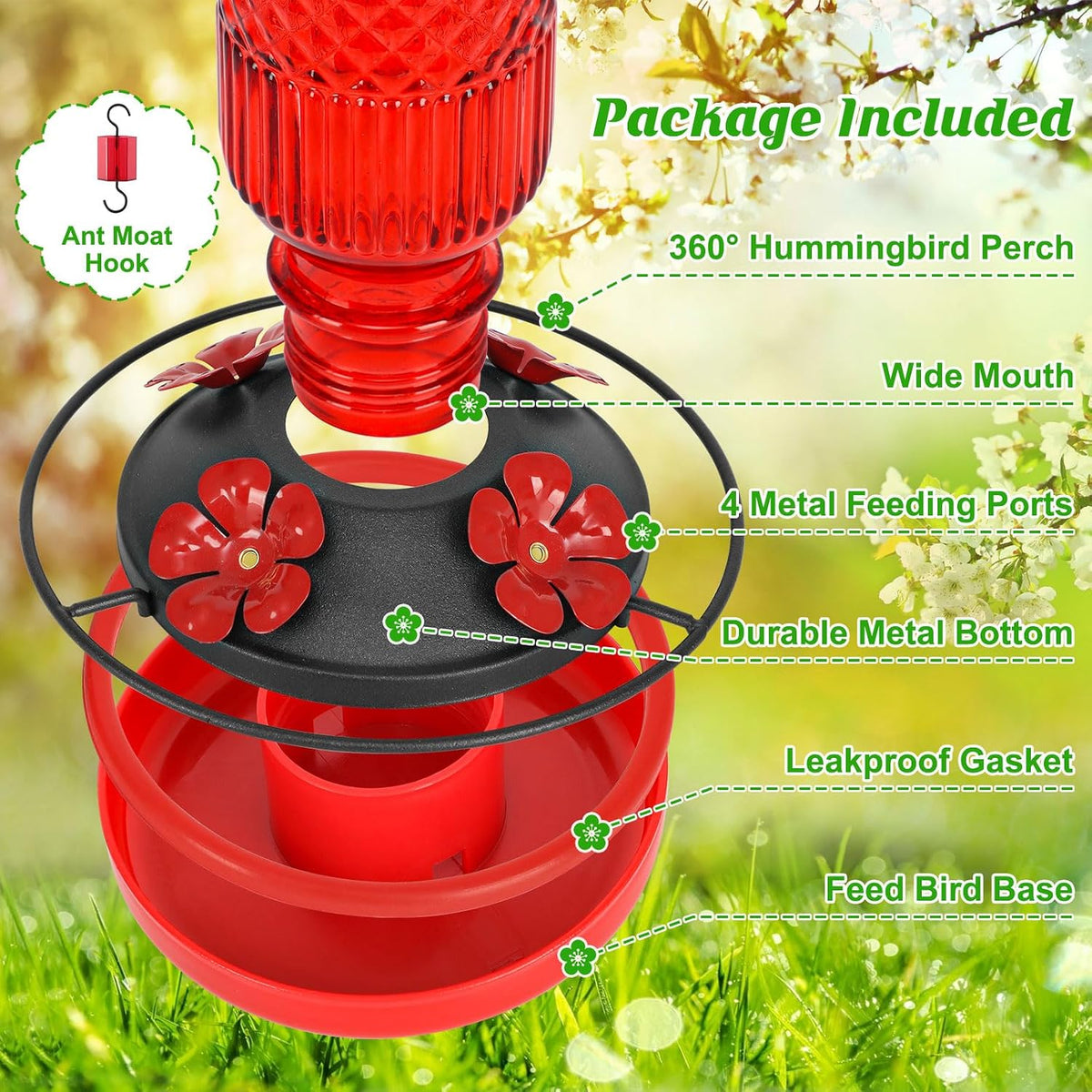 feed garden glass hummingbird feeder for outdoors, leak-resistant, close-up detail