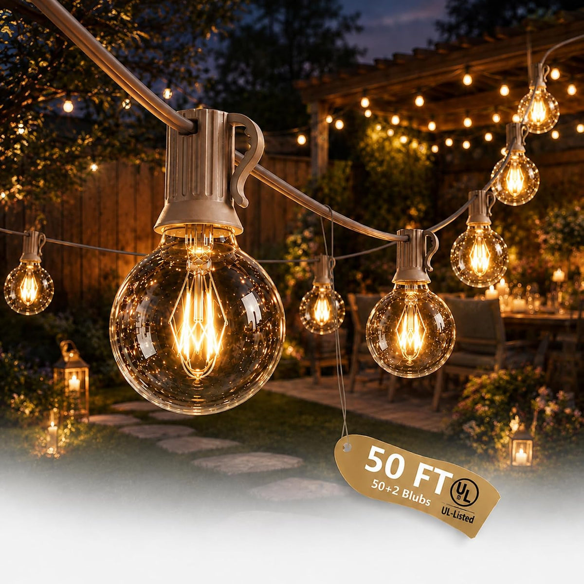 50 ft outdoor string lights, 53 glass g40, main product view