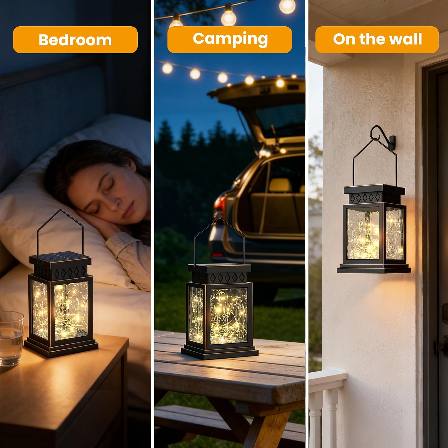 2 Pack Farmhouse Solar Lanterns , Water Ripple Glass & Copper Wire Flickering Light,Outdoor Waterproof Upgraded Solar and 2 AA Batteries Powered, for Outside Porch, Patio and Indoor Tables.